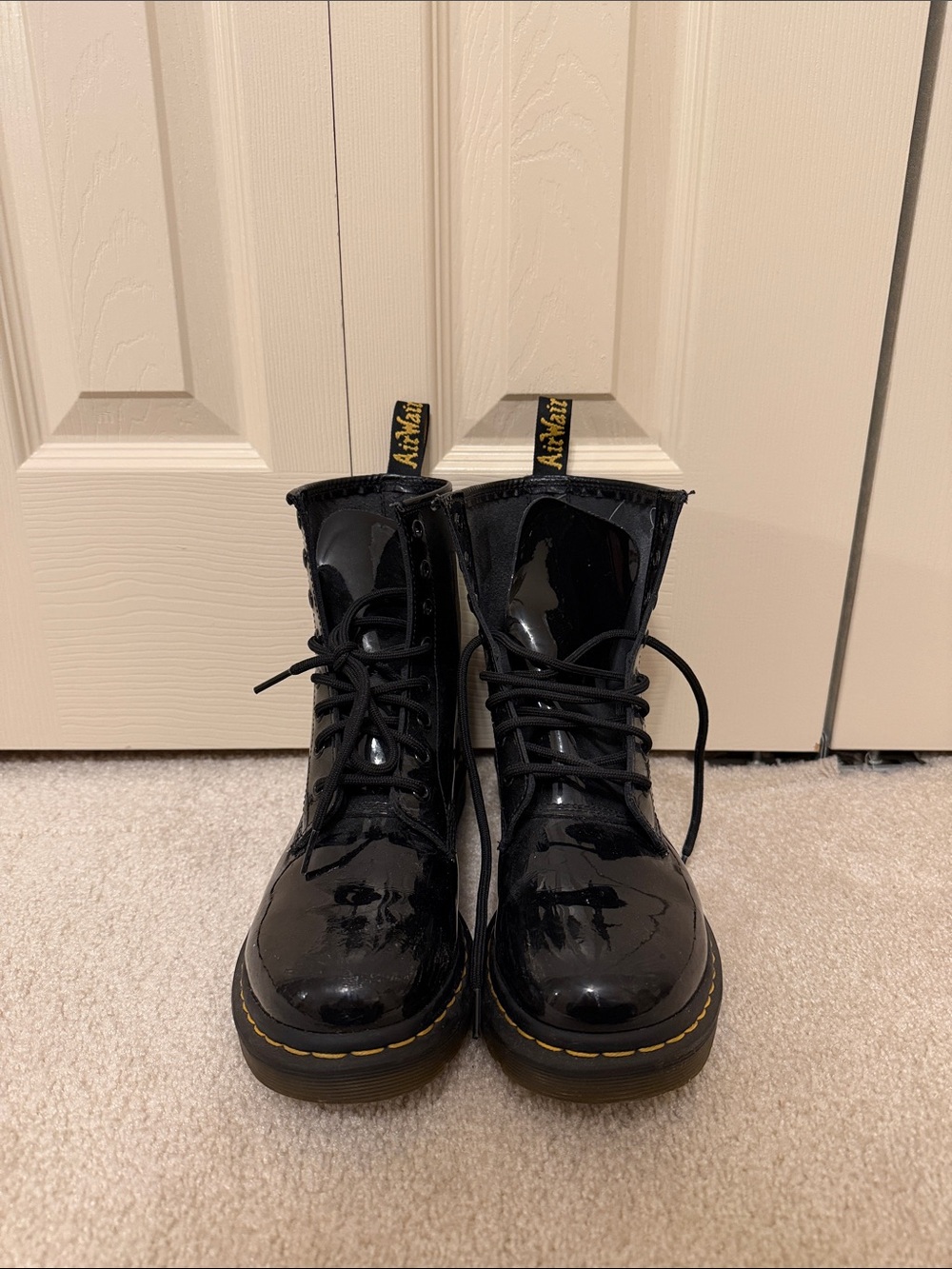 Dr. Martens Black Patent Lace-Up Combat Boots with Yellow Pull Tabs